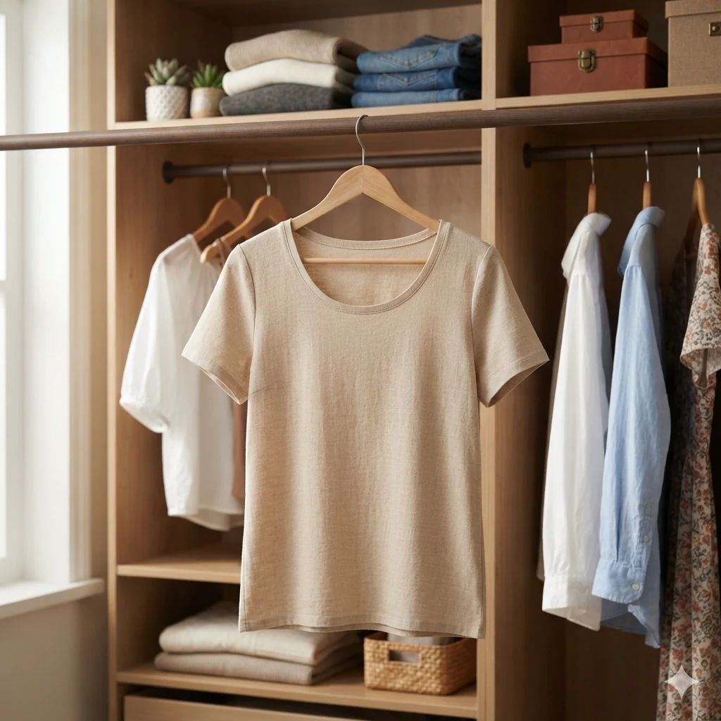 Camiseta Básica Beige Lino – Manga Corta Cuello Redondo - Imagen 2