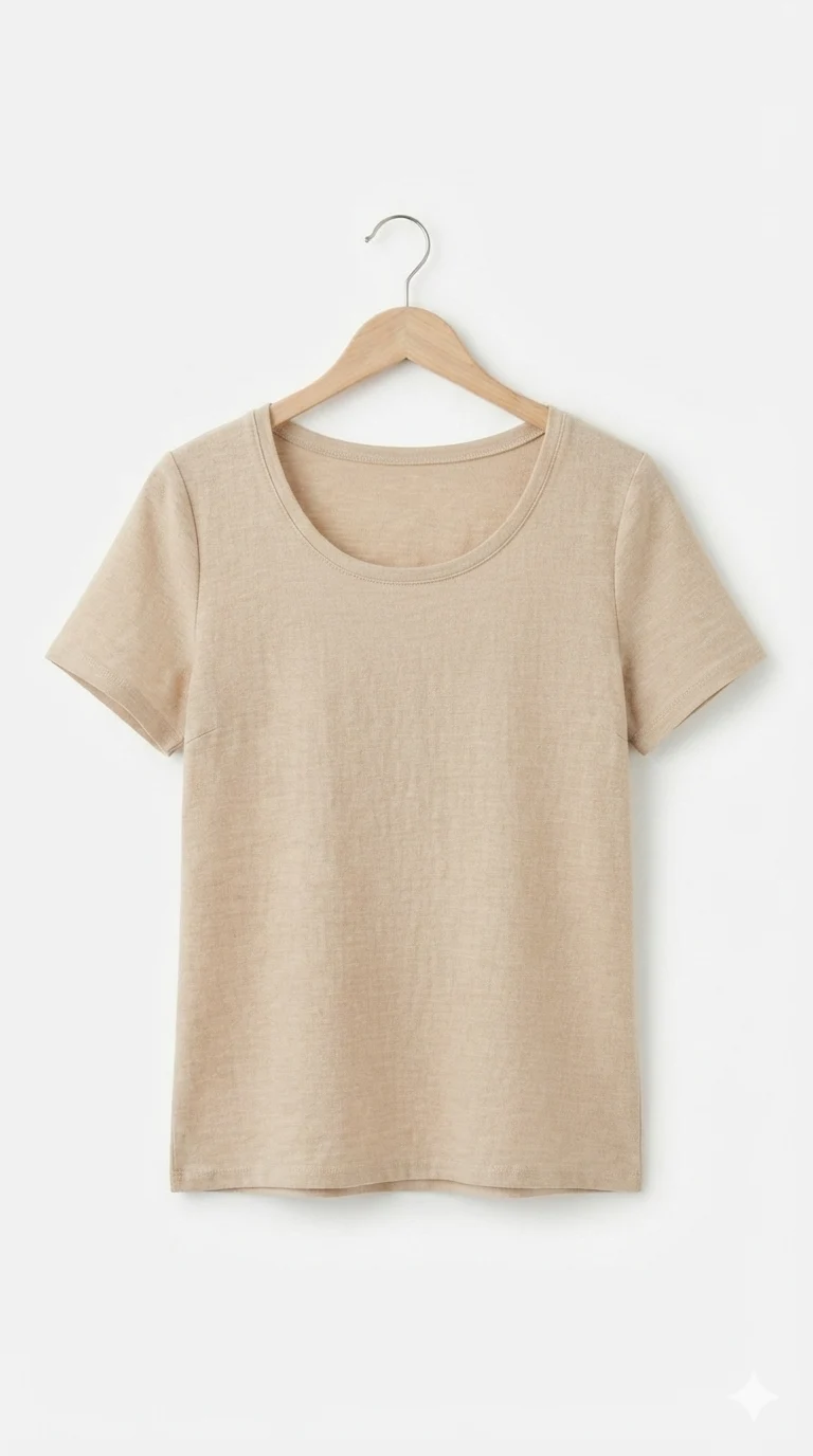 Camiseta Básica Beige Lino – Manga Corta Cuello Redondo